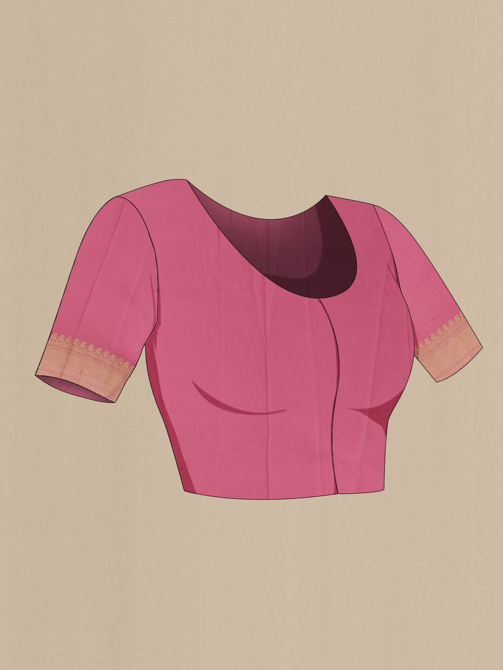 Close up image of the blouse of Pink Mysore Crepe Saree with Zari Brocade on the body and Zari Border. 