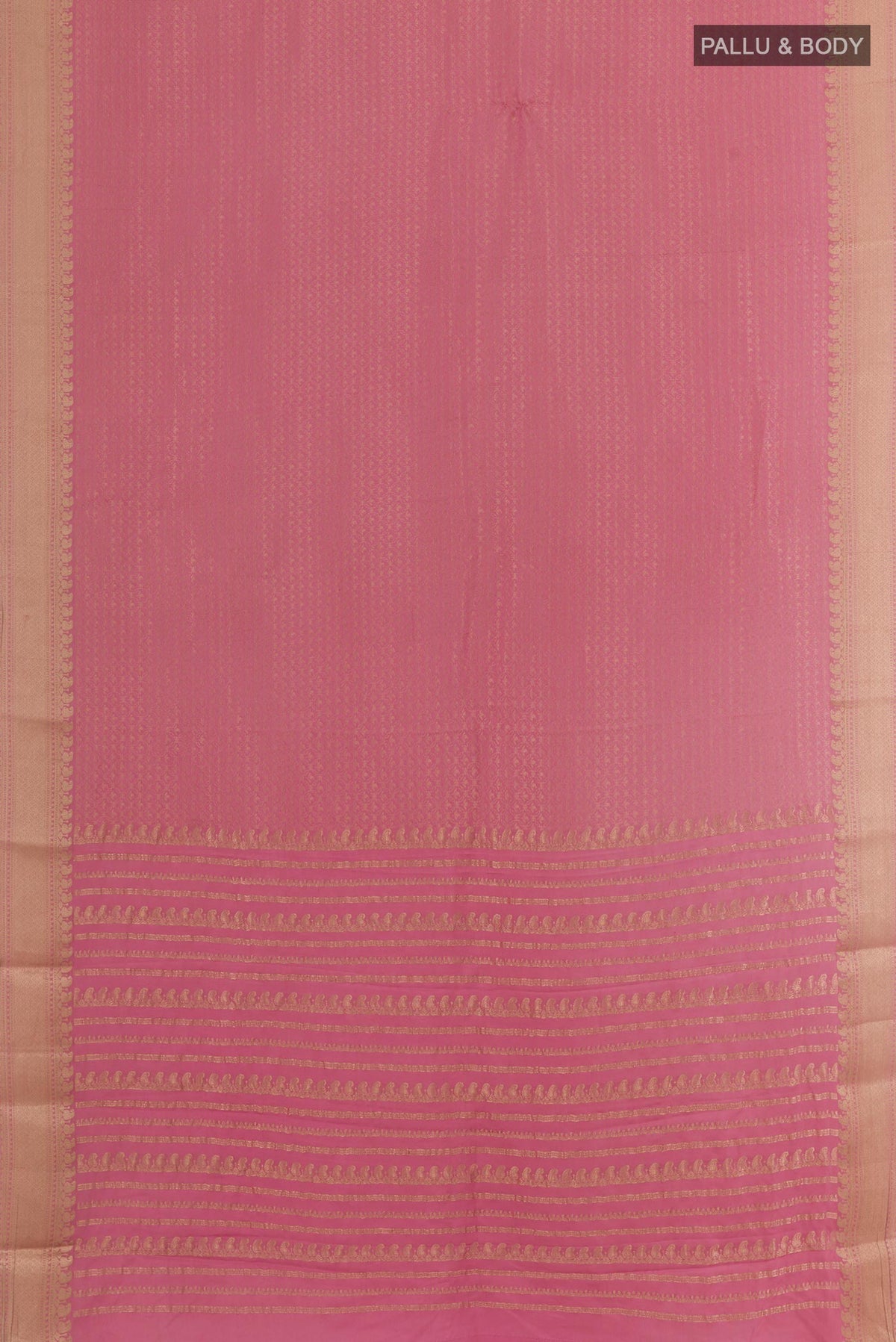 Flat view of Pink Mysore Crepe Saree with Zari Brocade on the body and Zari Border. 