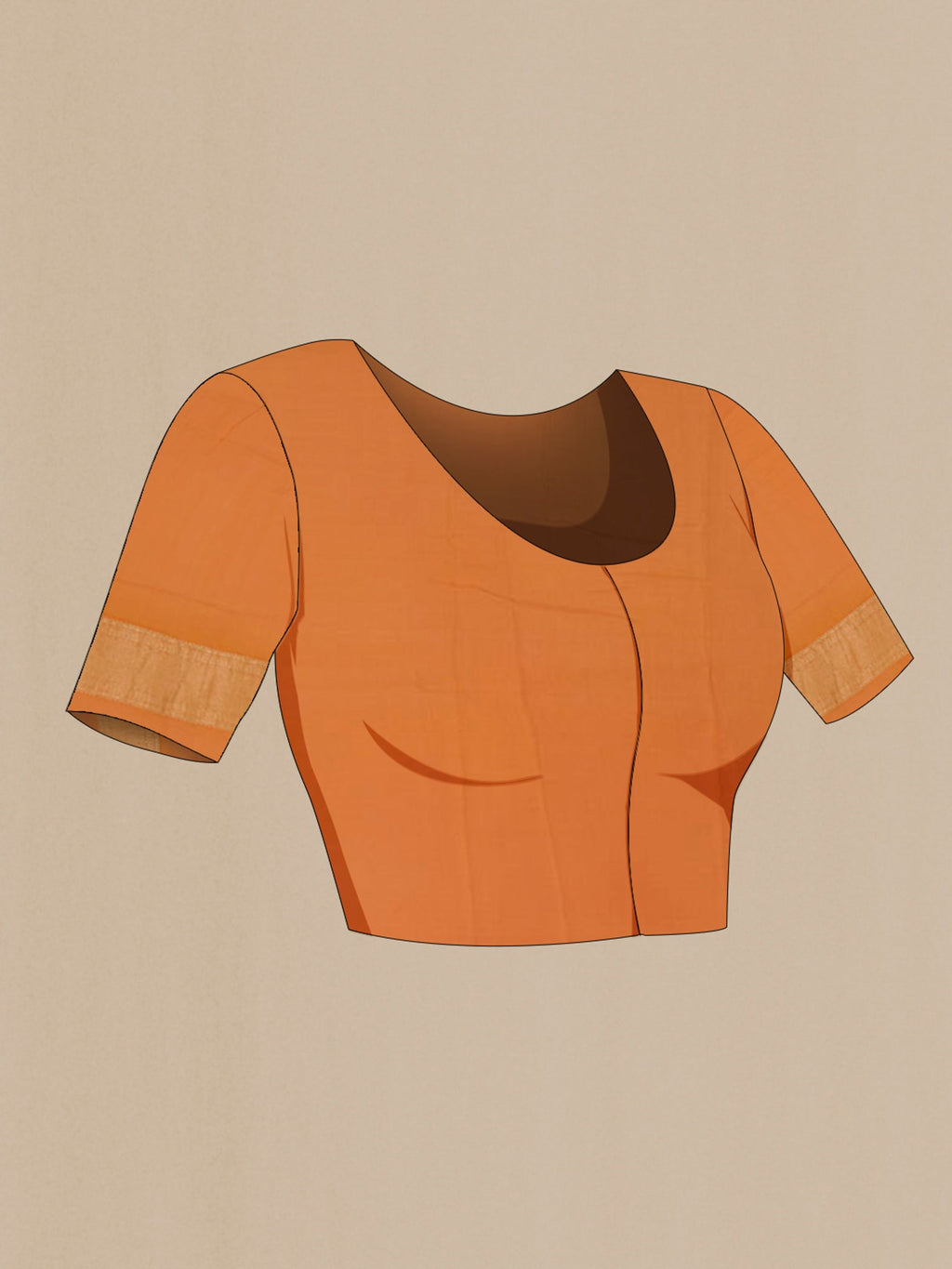 Close up image of the blouse of Rust Mysore Crepe Saree with Zari Brocade on the body and Zari Border. 