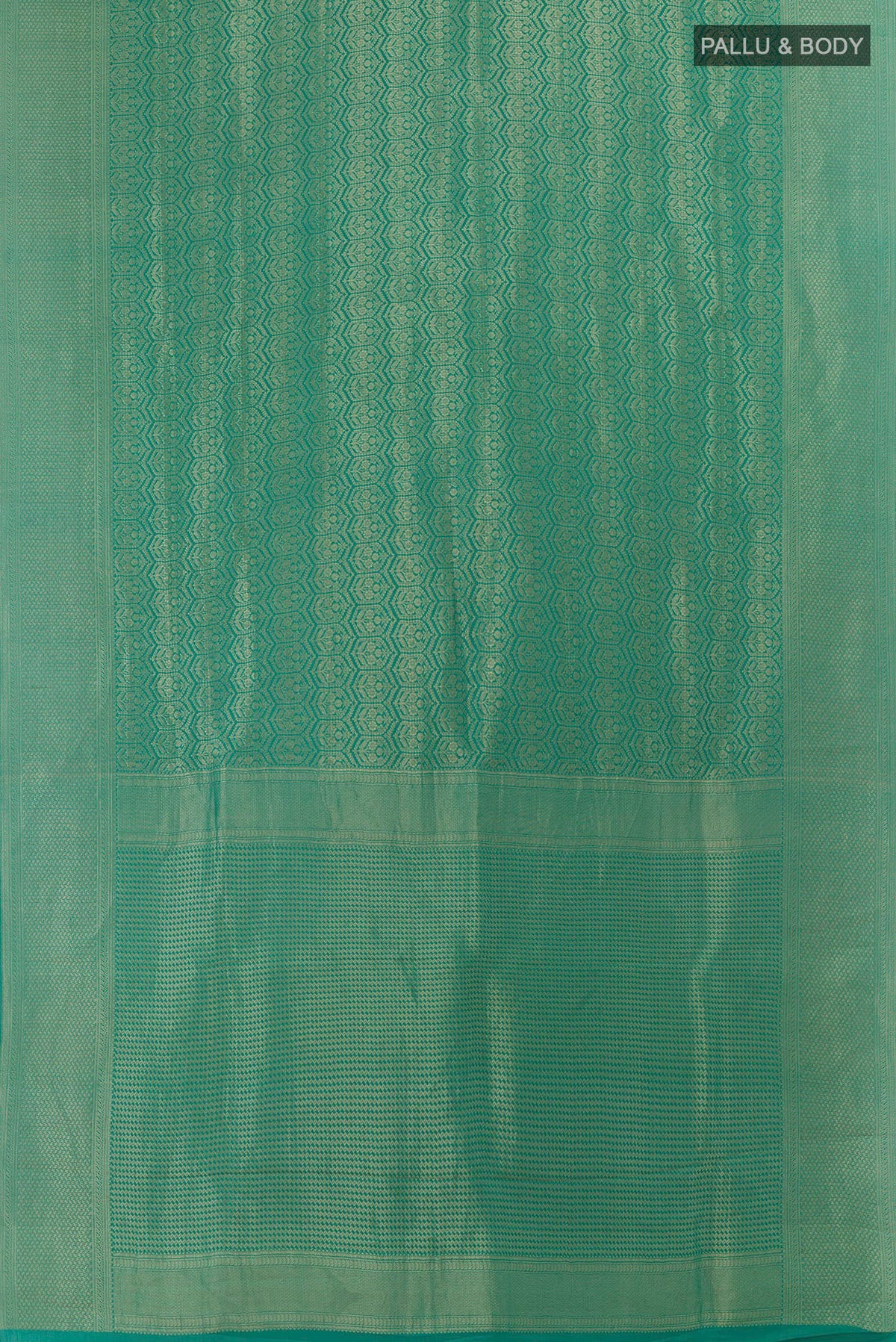Flat view of Sea Green Mysore Crepe Saree with Zari Brocade on the body and Zari Border. 