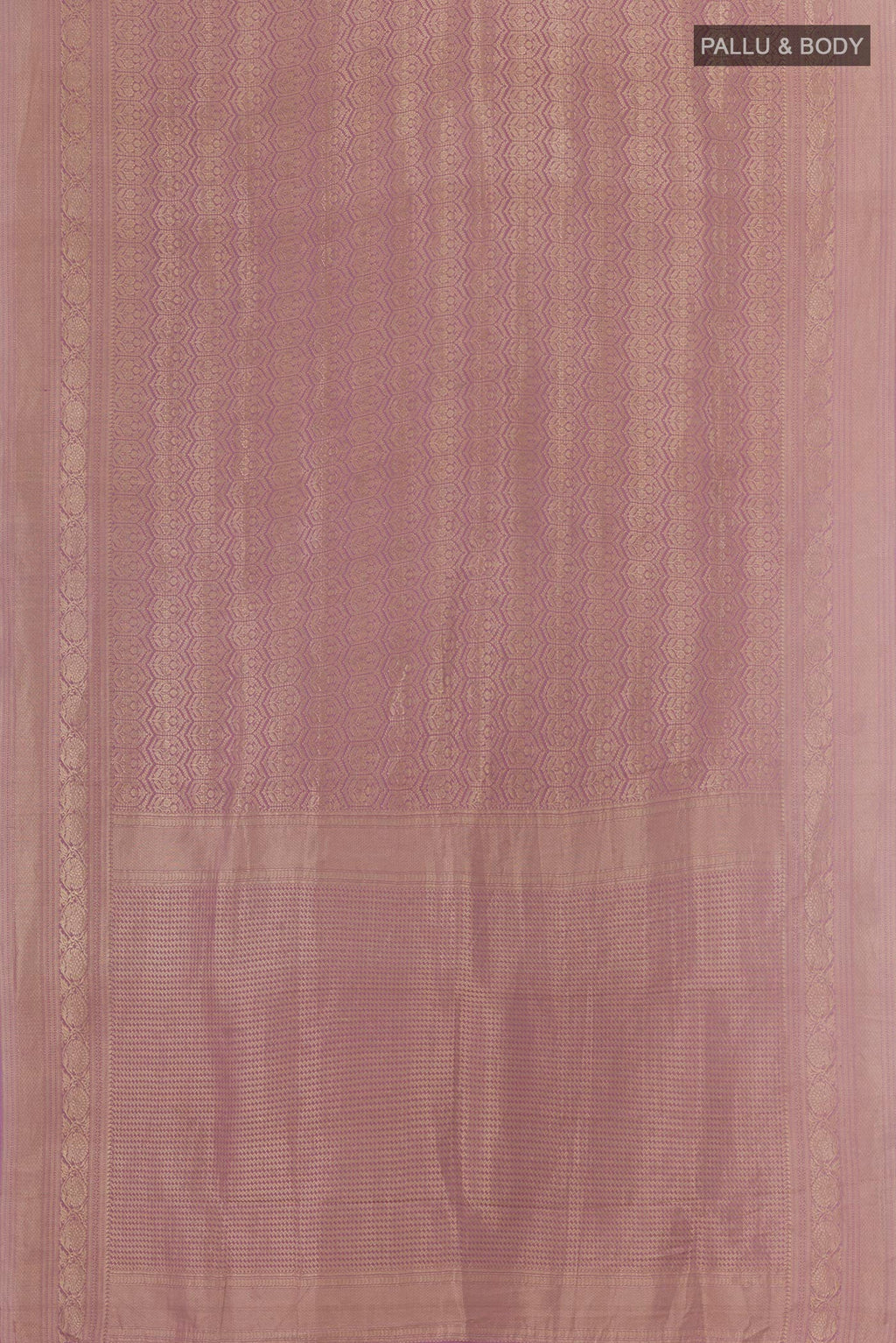 Flat view of Lavender Mysore Crepe Saree with Zari Brocade on the body and Zari Border. 