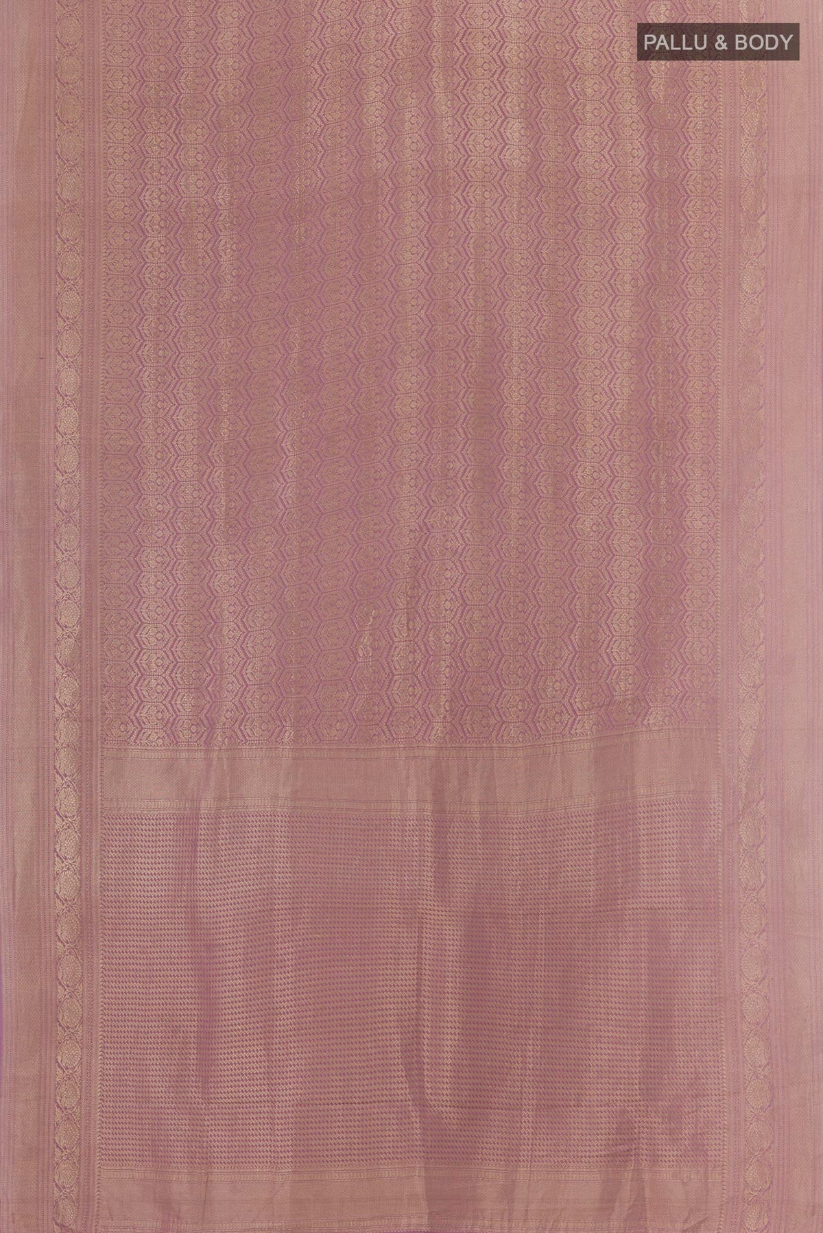 Flat view of Lavender Mysore Crepe Saree with Zari Brocade on the body and Zari Border. 