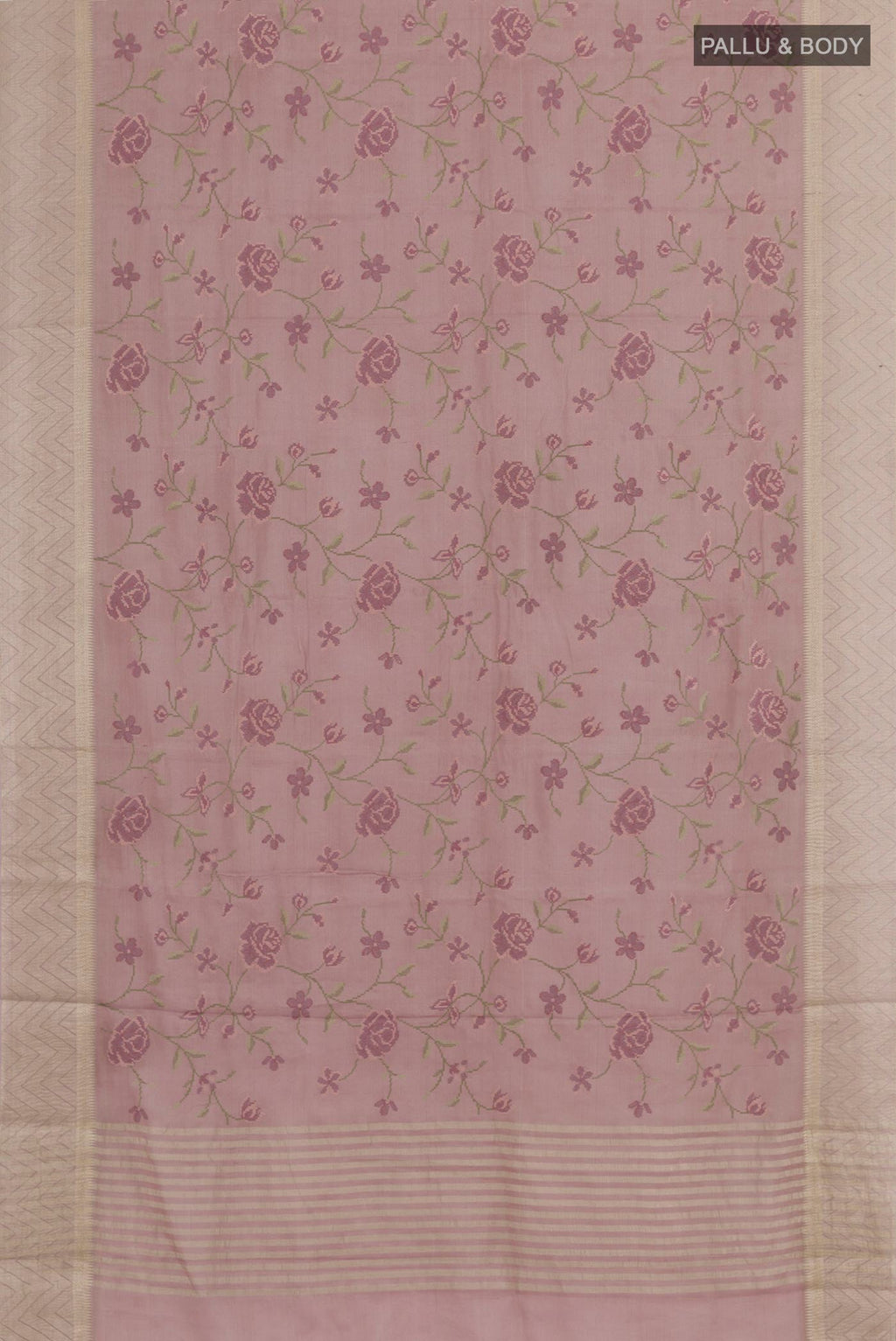 Flat view of Lavender Mysore Georgette Saree with Embroidery on the body and Zari Border. 