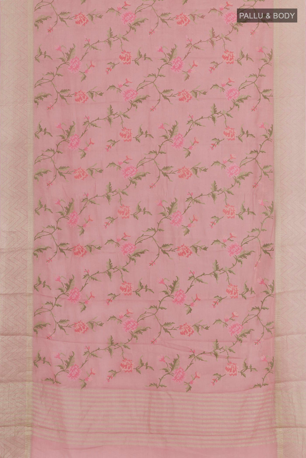 Flat view of Pink Mysore Georgette Saree with Embroidery on the body and Zari Border. 
