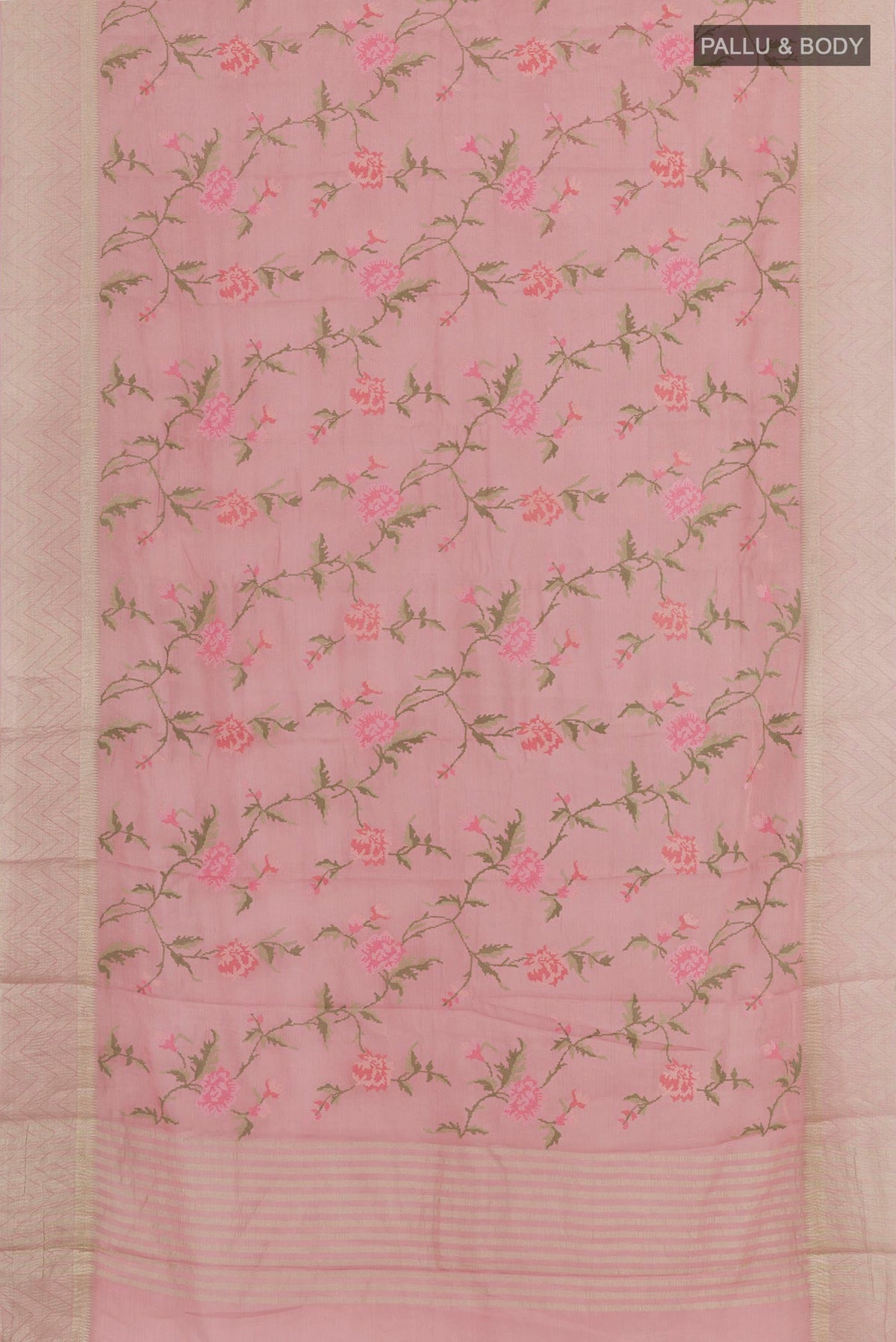 Flat view of Pink Mysore Georgette Saree with Embroidery on the body and Zari Border. 