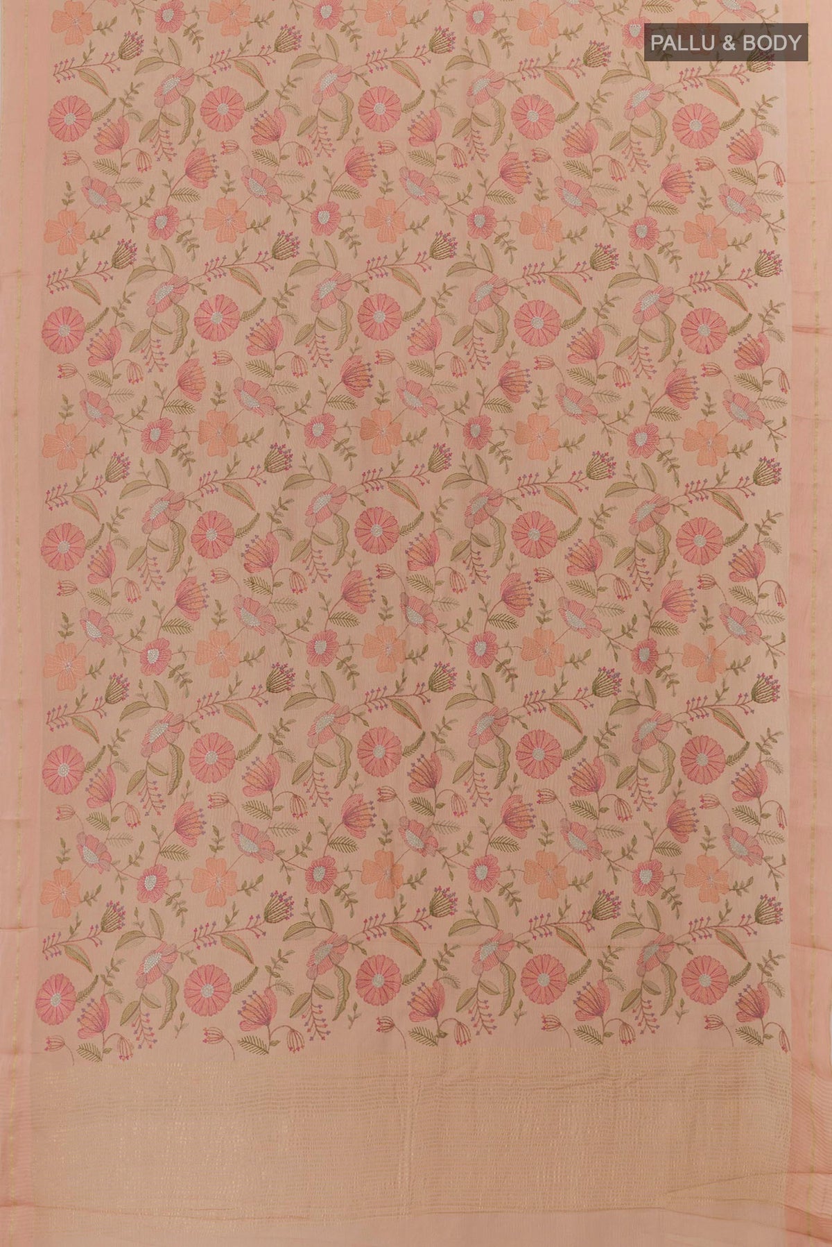 Flat view of Rose Gold Mysore Georgette Saree with Embroidery on the body and Zari Border. 