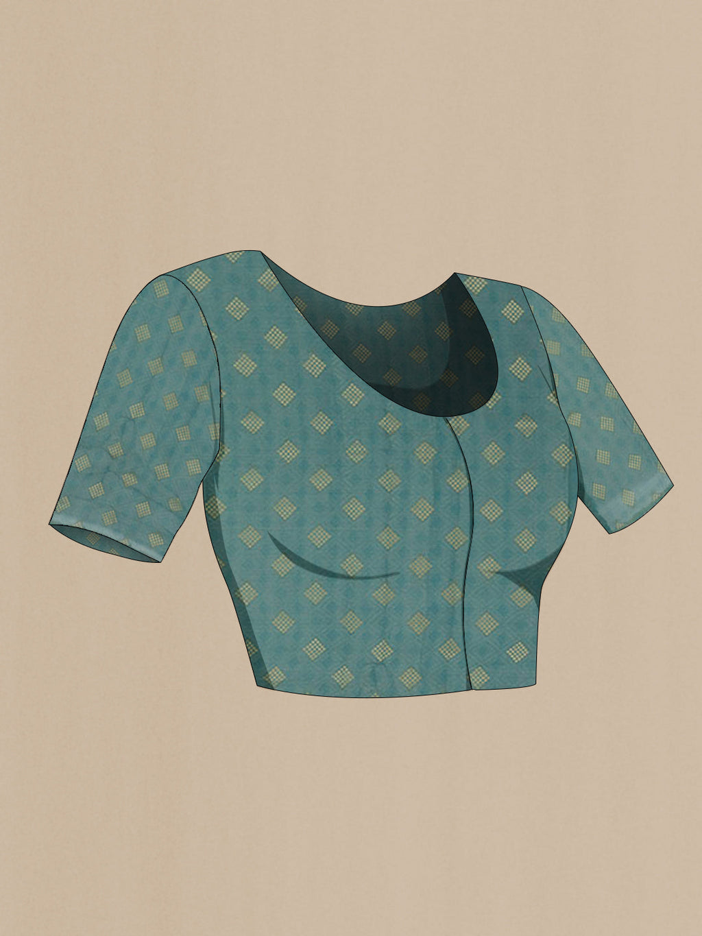Close up image of the blouse of Blue Mysore Georgette Saree with Embroidery on the body and Zari Border. 