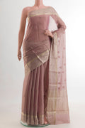 Lavender Mysore Georgette Saree with Embroidery on the body and Zari Border.  displayed on a mannequin