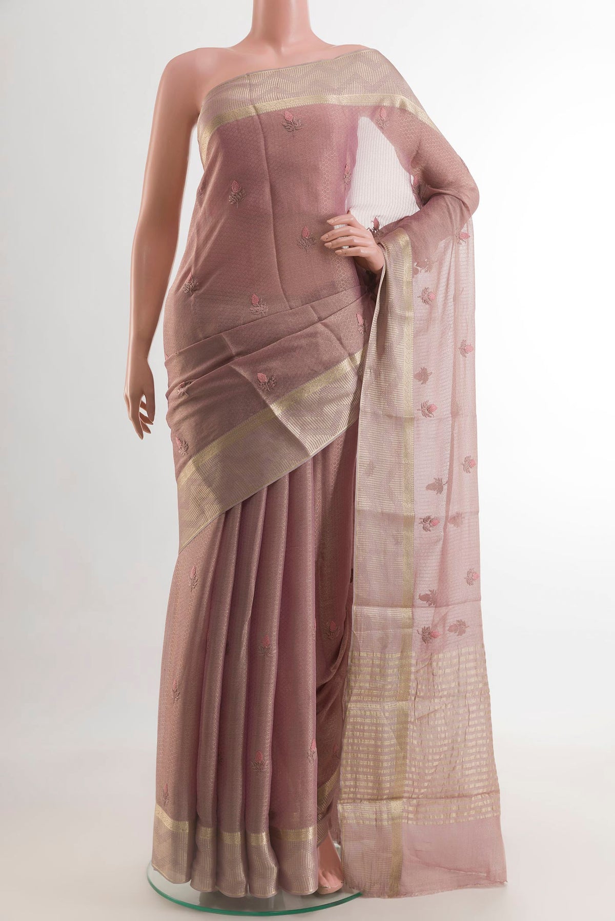 Lavender Mysore Georgette Saree with Embroidery on the body and Zari Border.  displayed on a mannequin