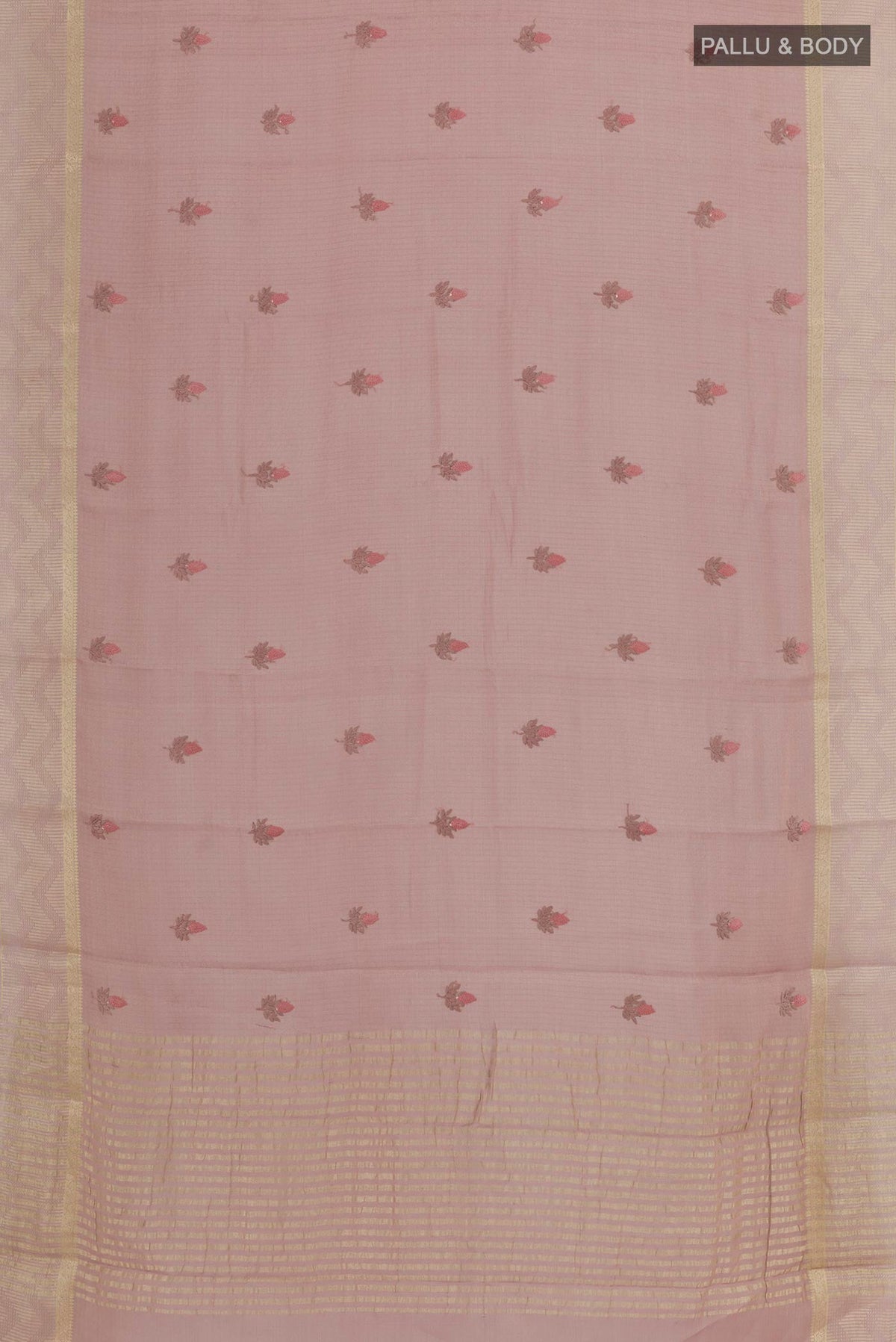 Flat view of Lavender Mysore Georgette Saree with Embroidery on the body and Zari Border. 