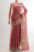 Pink Mysore Georgette Saree with Embroidery on the body and Zari Border.  displayed on a mannequin
