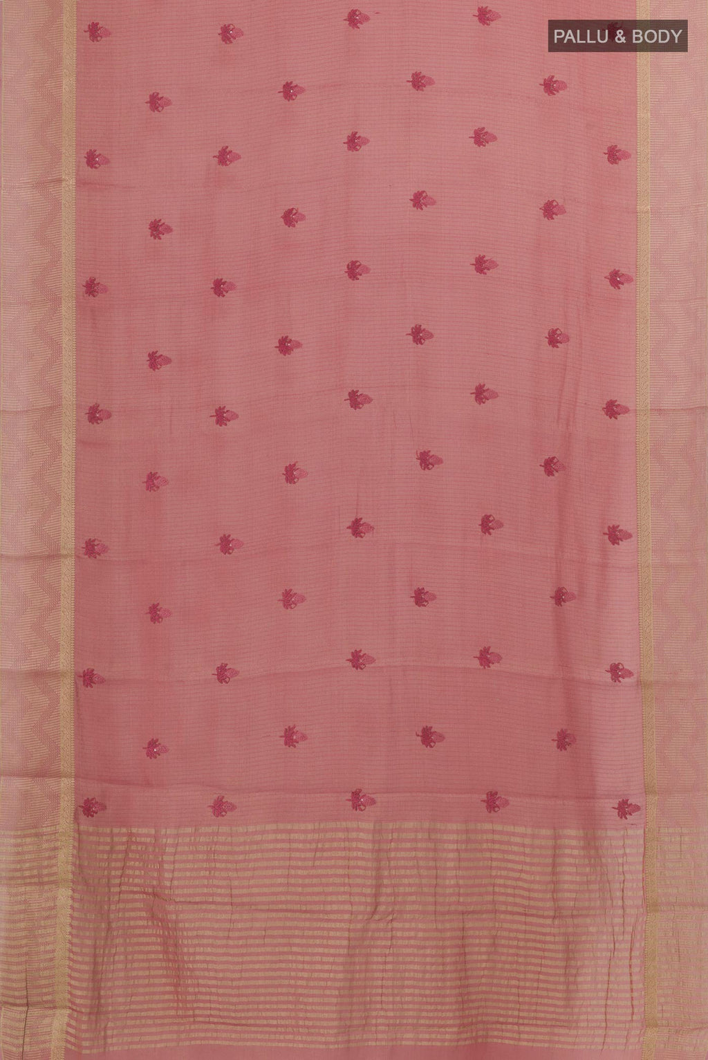 Flat view of Pink Mysore Georgette Saree with Embroidery on the body and Zari Border. 