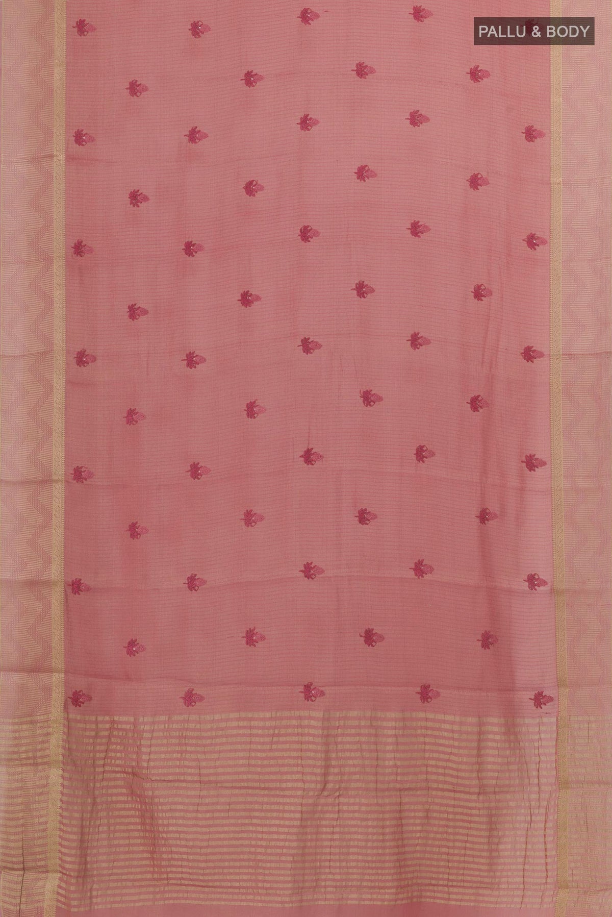 Flat view of Pink Mysore Georgette Saree with Embroidery on the body and Zari Border. 
