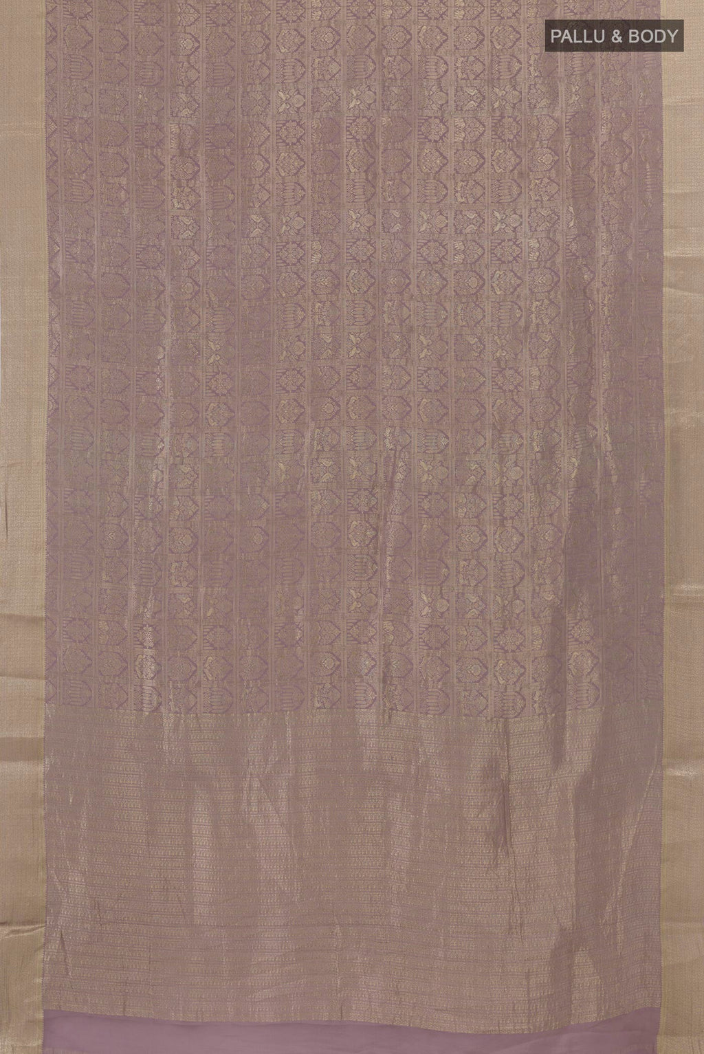 Flat view of Lavender Mysore Crepe Saree with Zari Brocade on the body and Zari Border. 