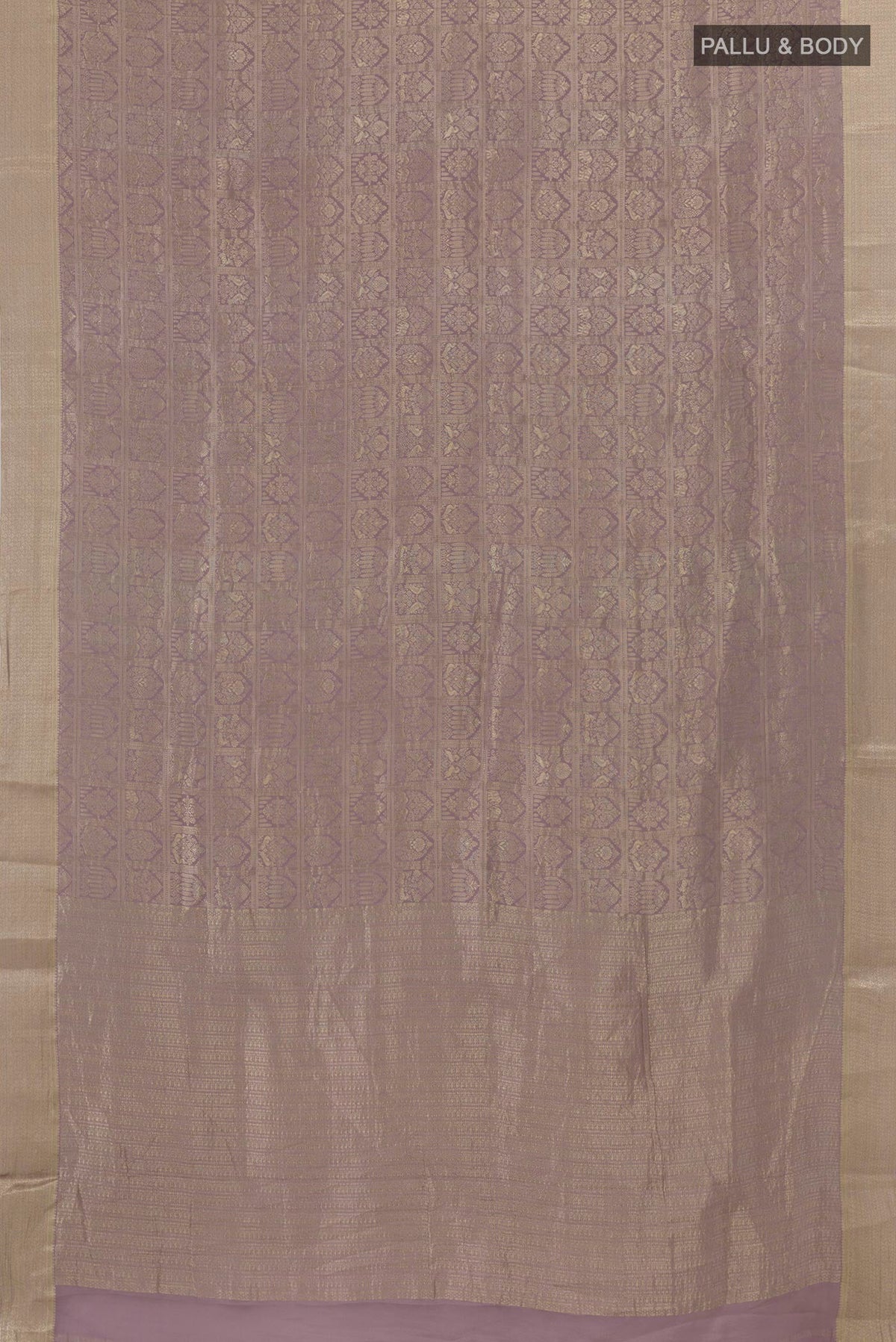 Flat view of Lavender Mysore Crepe Saree with Zari Brocade on the body and Zari Border. 