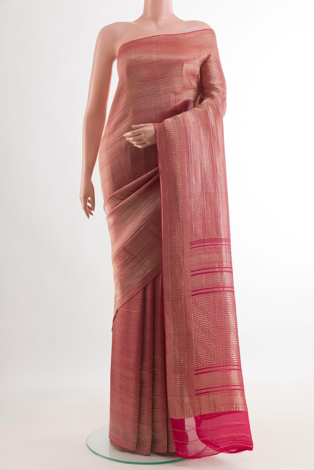 Pink Mysore Crepe Saree with Zari Brocade on the body and Zari Border.  displayed on a mannequin