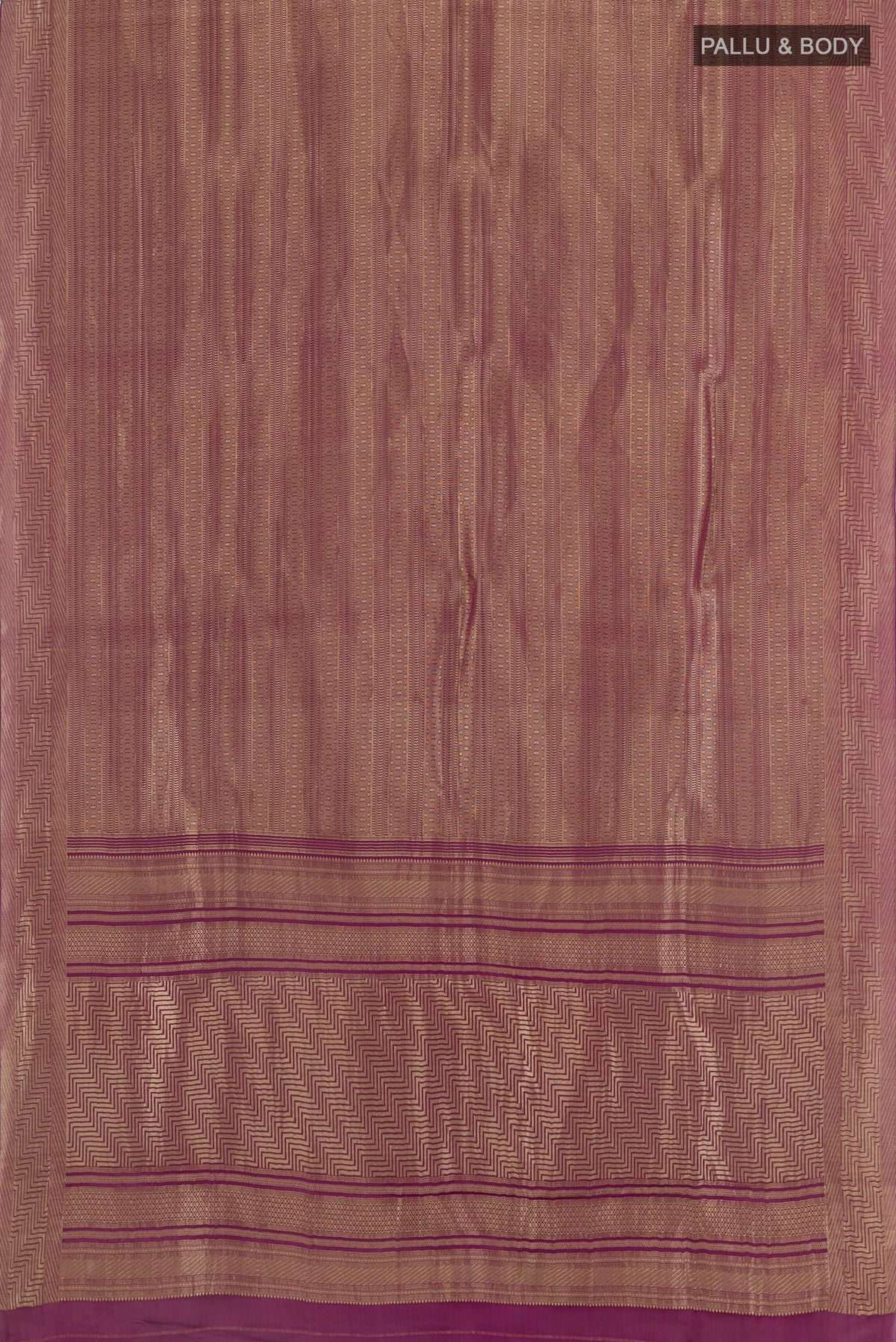 Flat view of Purple Mysore Crepe Saree with Zari Brocade on the body and Zari Border. 