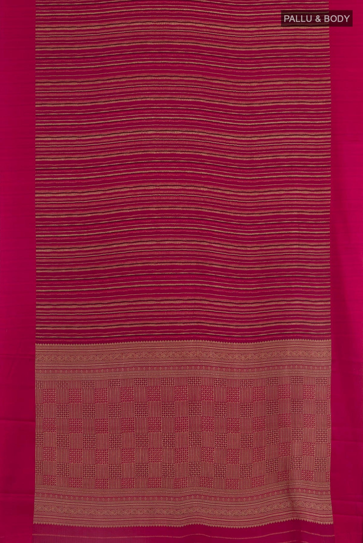 Flat view of Dark Pink Mysore Crepe Saree with Stripes on the body and Plain Border. 