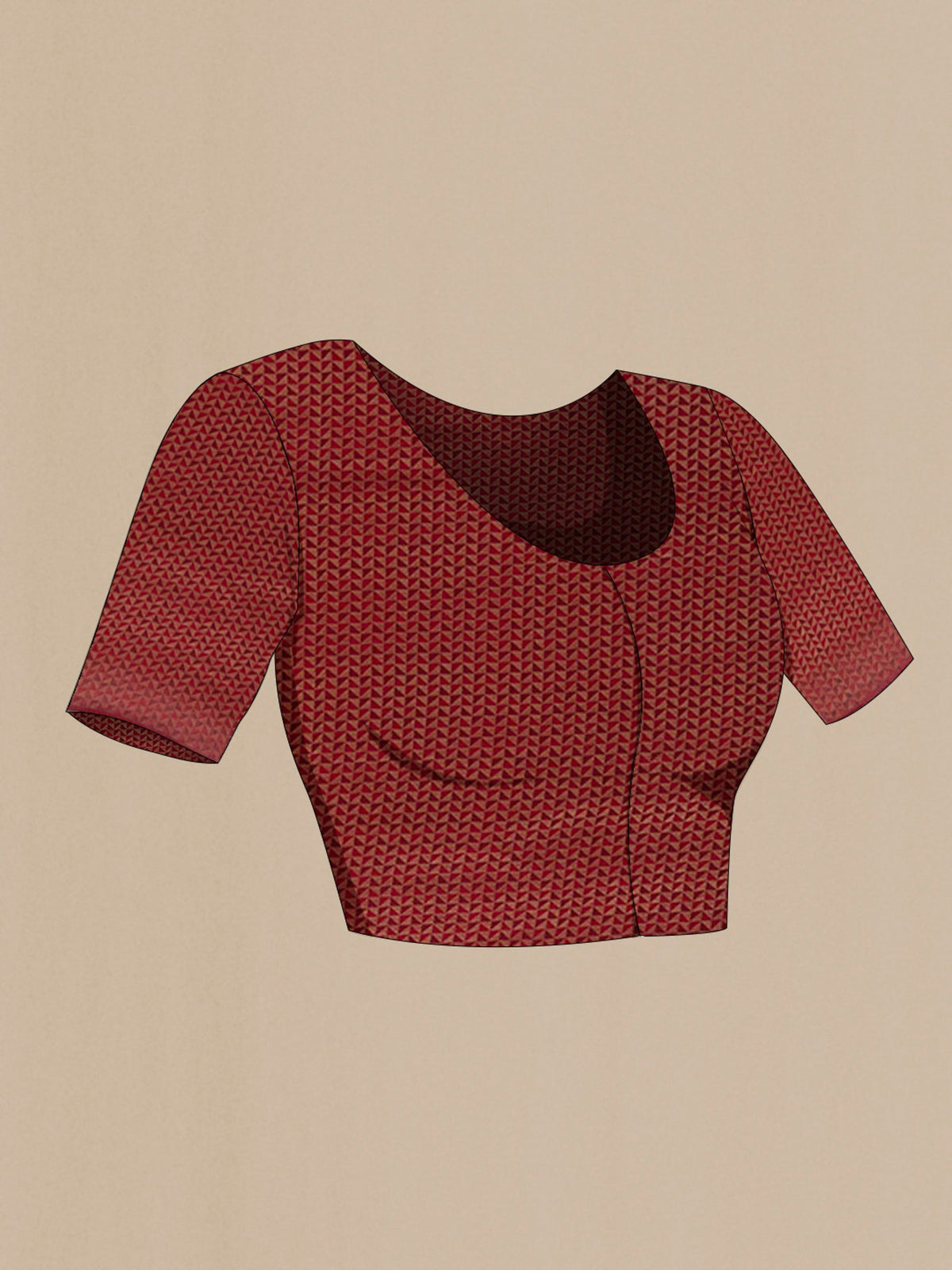 Close up image of the blouse of Maroon Mysore Crepe Saree with Stripes on the body and Zari Border. 