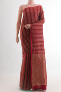 Maroon Mysore Crepe Saree with Stripes on the body and Zari Border.  displayed on a mannequin