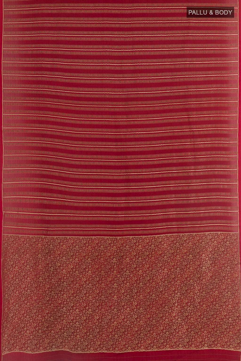 Flat view of Maroon Mysore Crepe Saree with Stripes on the body and Zari Border. 