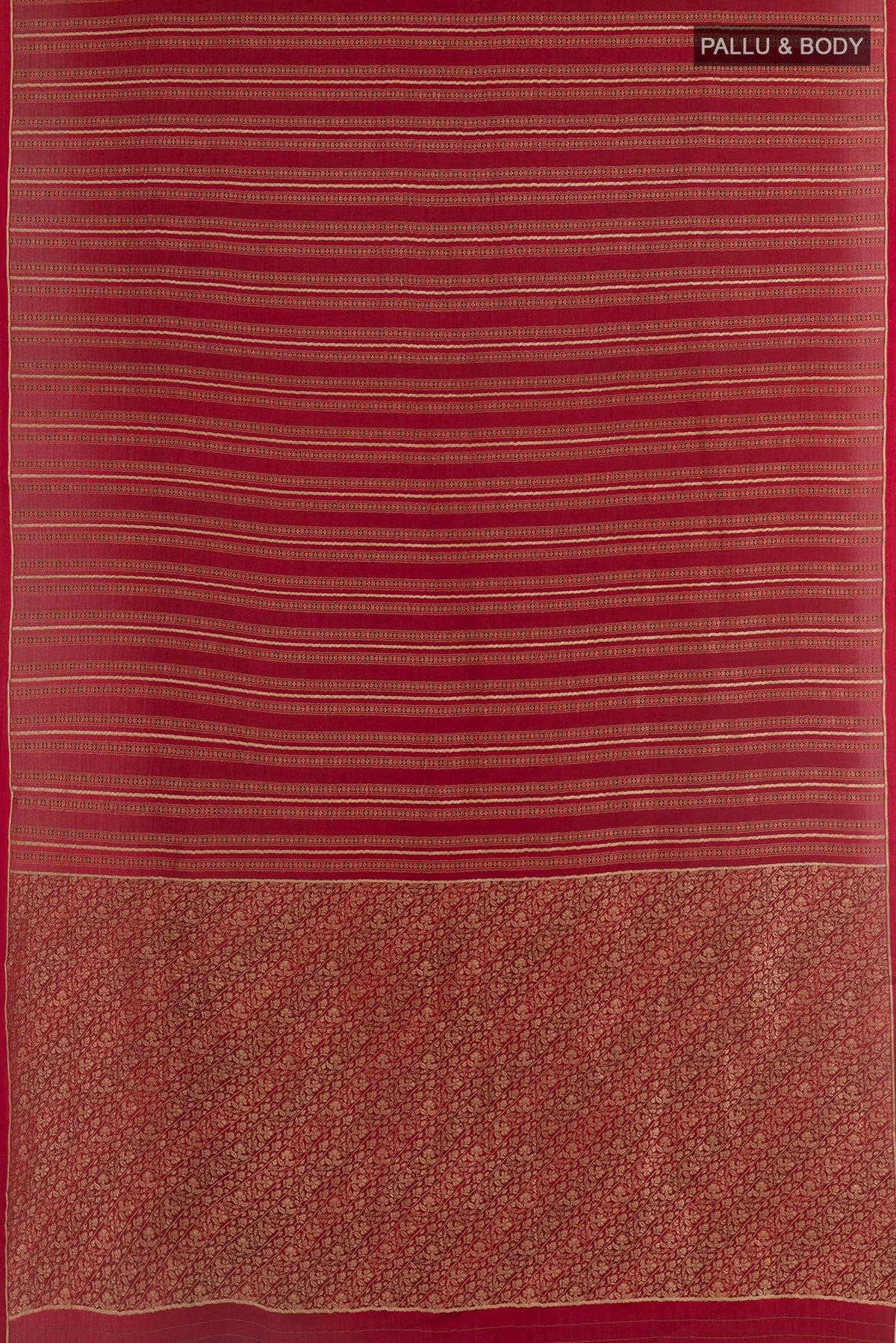 Flat view of Maroon Mysore Crepe Saree with Stripes on the body and Zari Border. 