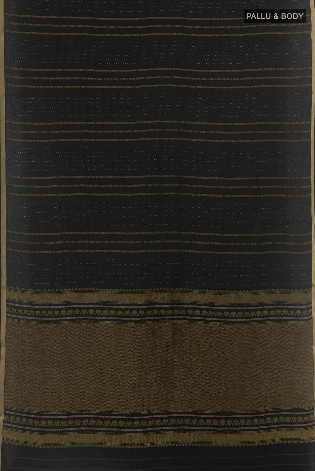 Flat view of Black Mysore Crepe Saree with Stripes on the body and Zari Border. 