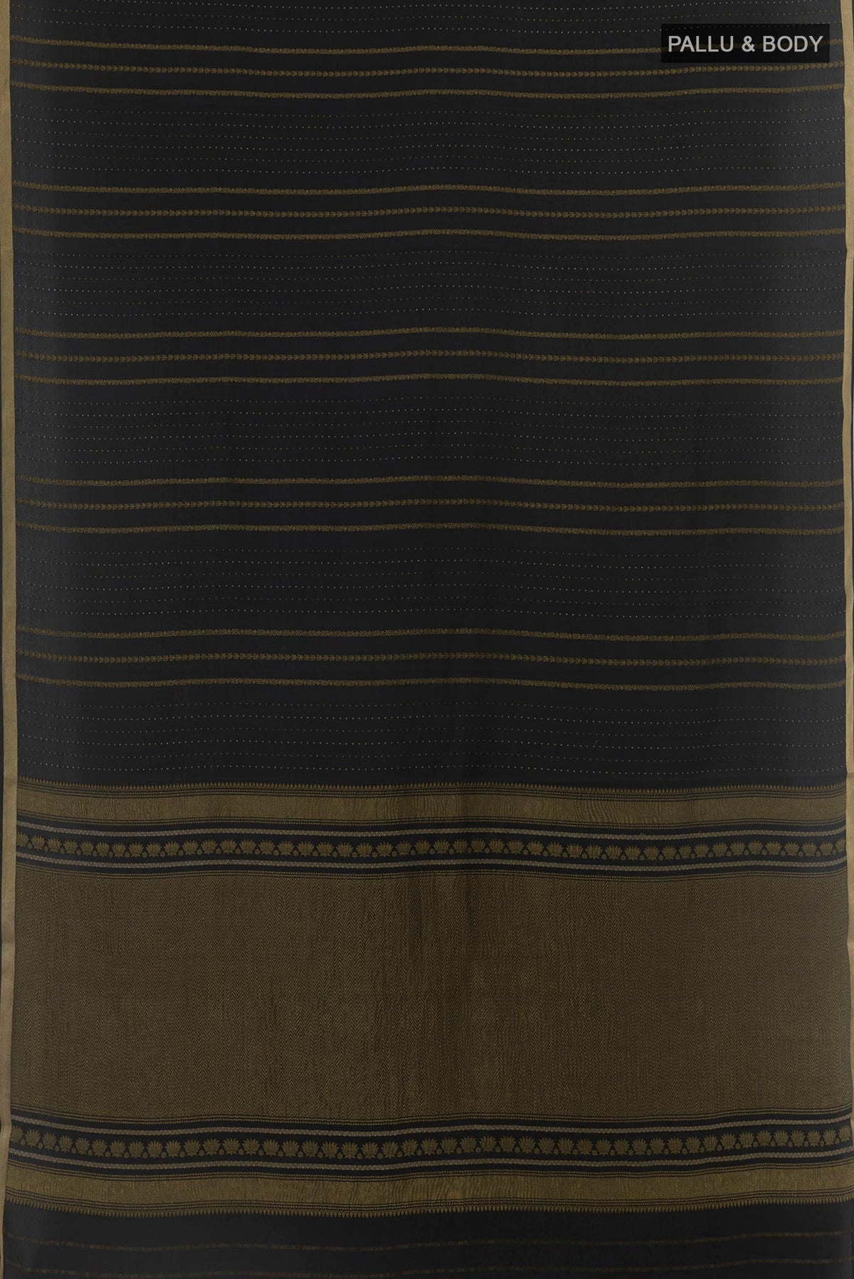 Flat view of Black Mysore Crepe Saree with Stripes on the body and Zari Border. 