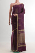Purple Mysore Crepe Saree with Stripes on the body and Zari Border.  displayed on a mannequin