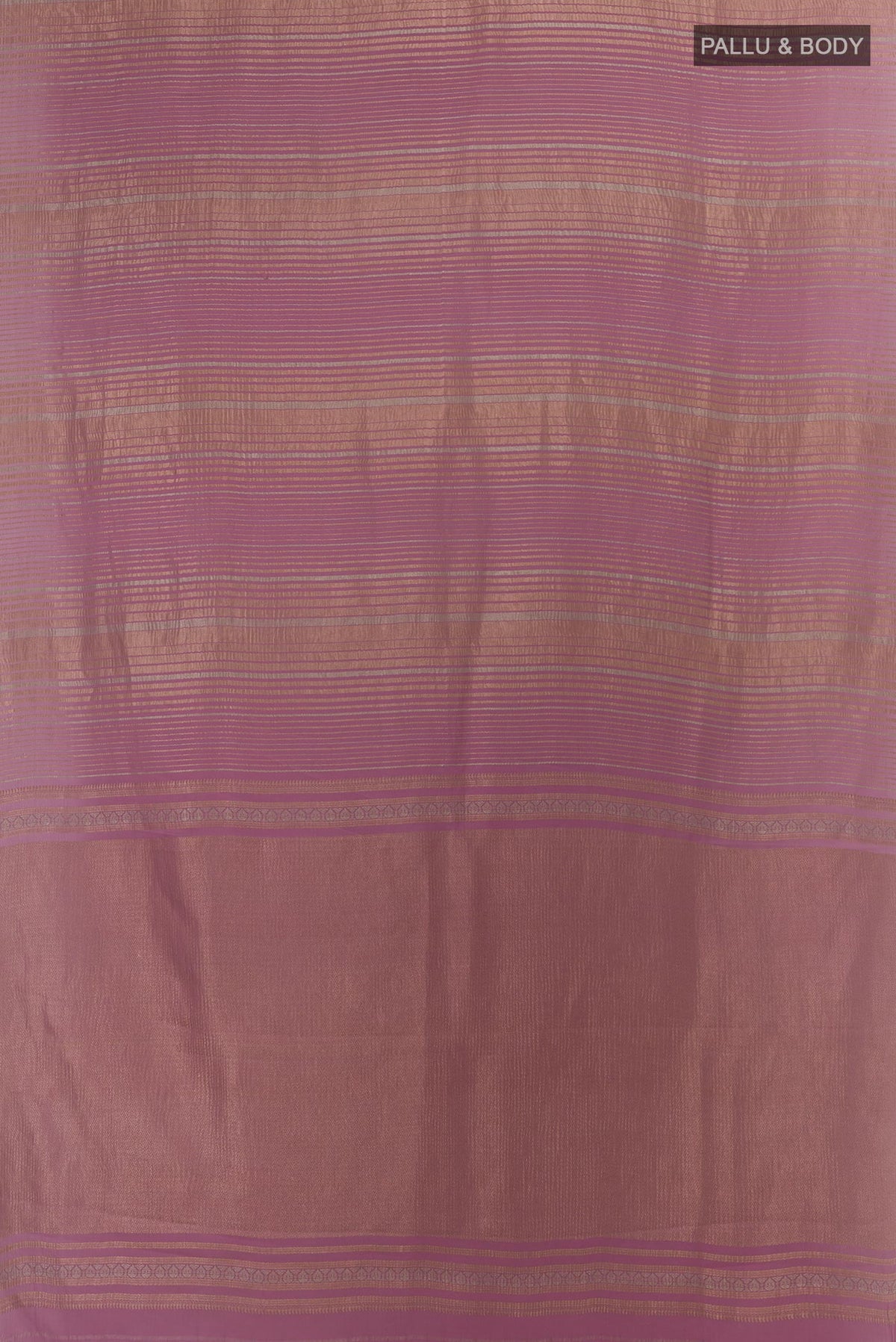 Flat view of Lavender Mysore Crepe Saree with Stripes on the body and Zari Border. 