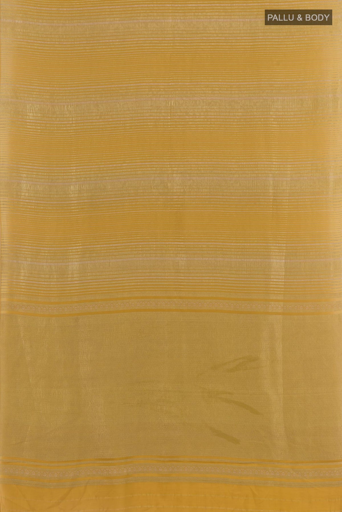 Flat view of Mustard Mysore Crepe Saree with Stripes on the body and Zari Border. 