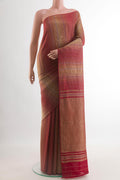 Red Mysore Crepe Saree with Stripes on the body and Zari Border.  displayed on a mannequin