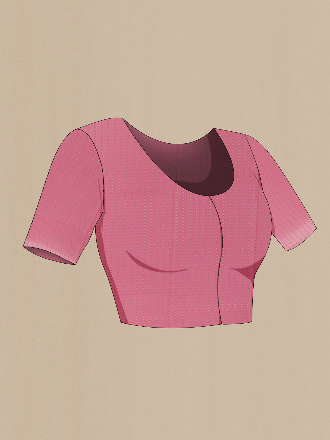 Close up image of the blouse of Pink Mysore Crepe Saree with Zari Brocade on the body and Zari Border. 