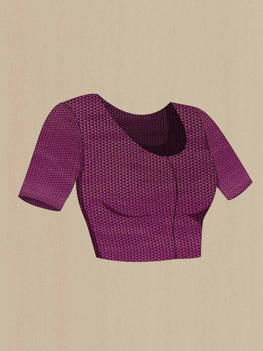Close up image of the blouse of Purple Mysore Crepe Saree with Zari Brocade on the body and Zari Border. 