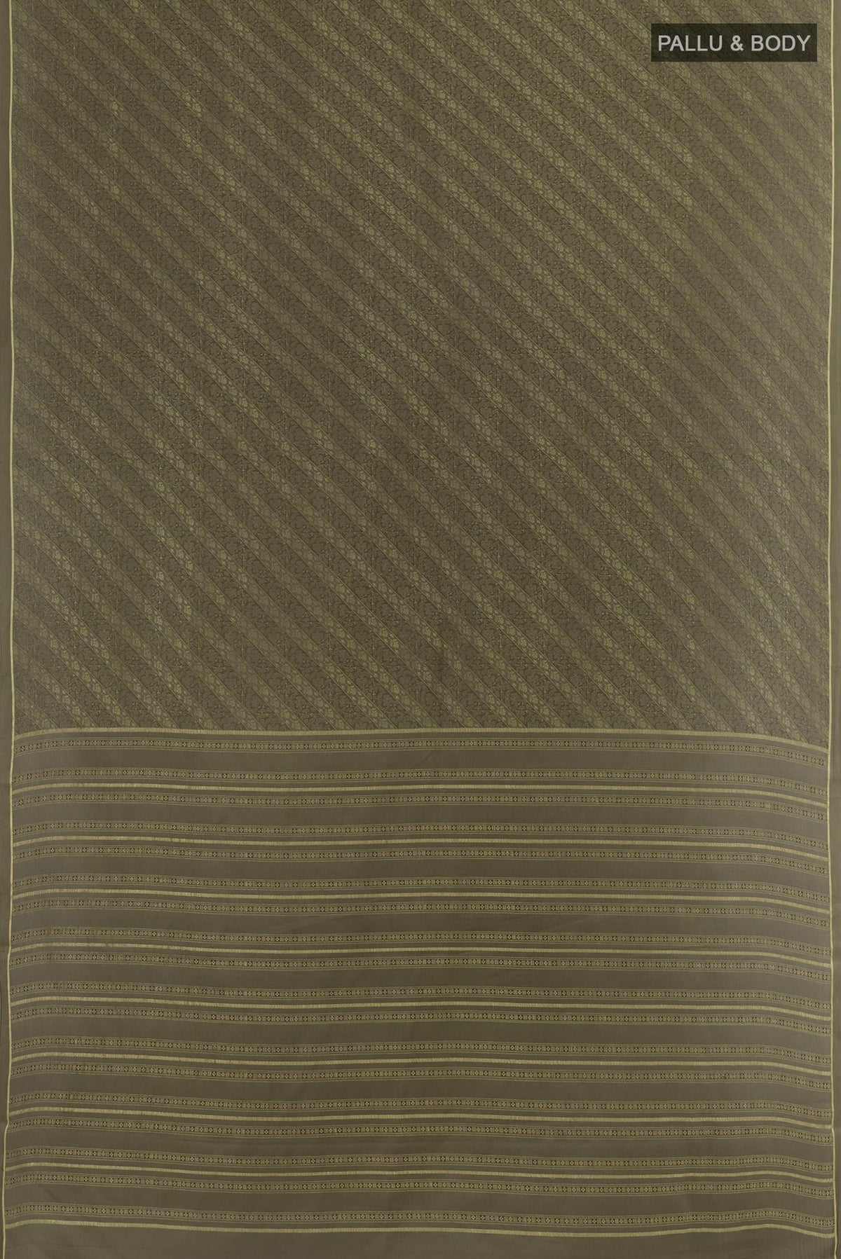 Flat view of Grey Mysore Crepe Saree with Zari Brocade on the body and Zari Border. 