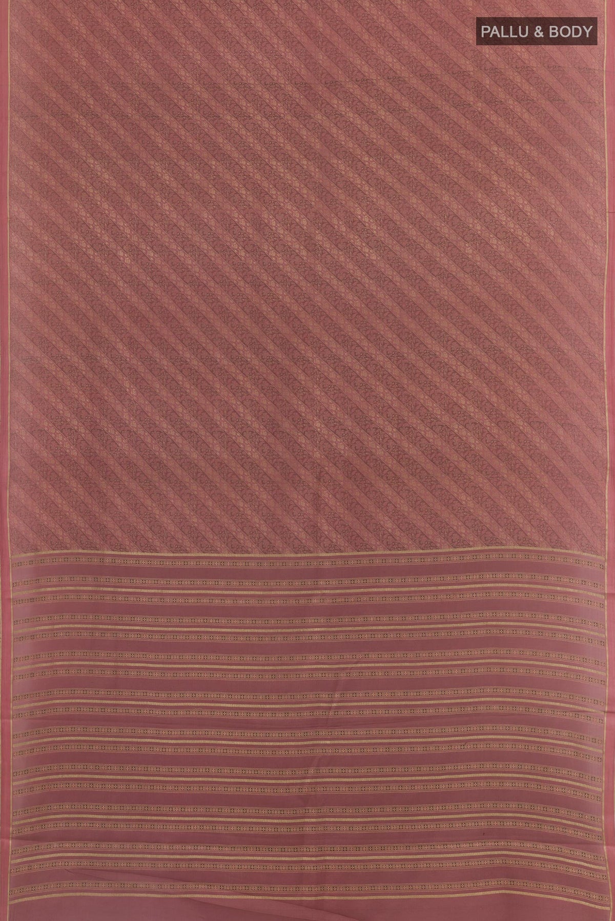 Flat view of Mauve Mysore Crepe Saree with Zari Brocade on the body and Zari Border. 