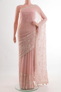Pink Mysore Chiffon Saree with Embroidery on the body and Embroidery Border.  displayed on a mannequin