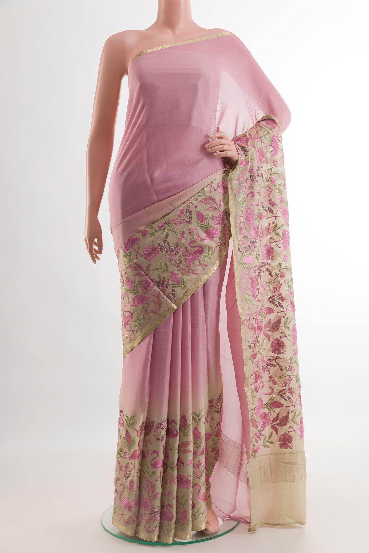 Lavender Mysore Crepe Saree with Plain Body and Zari Border.  displayed on a mannequin