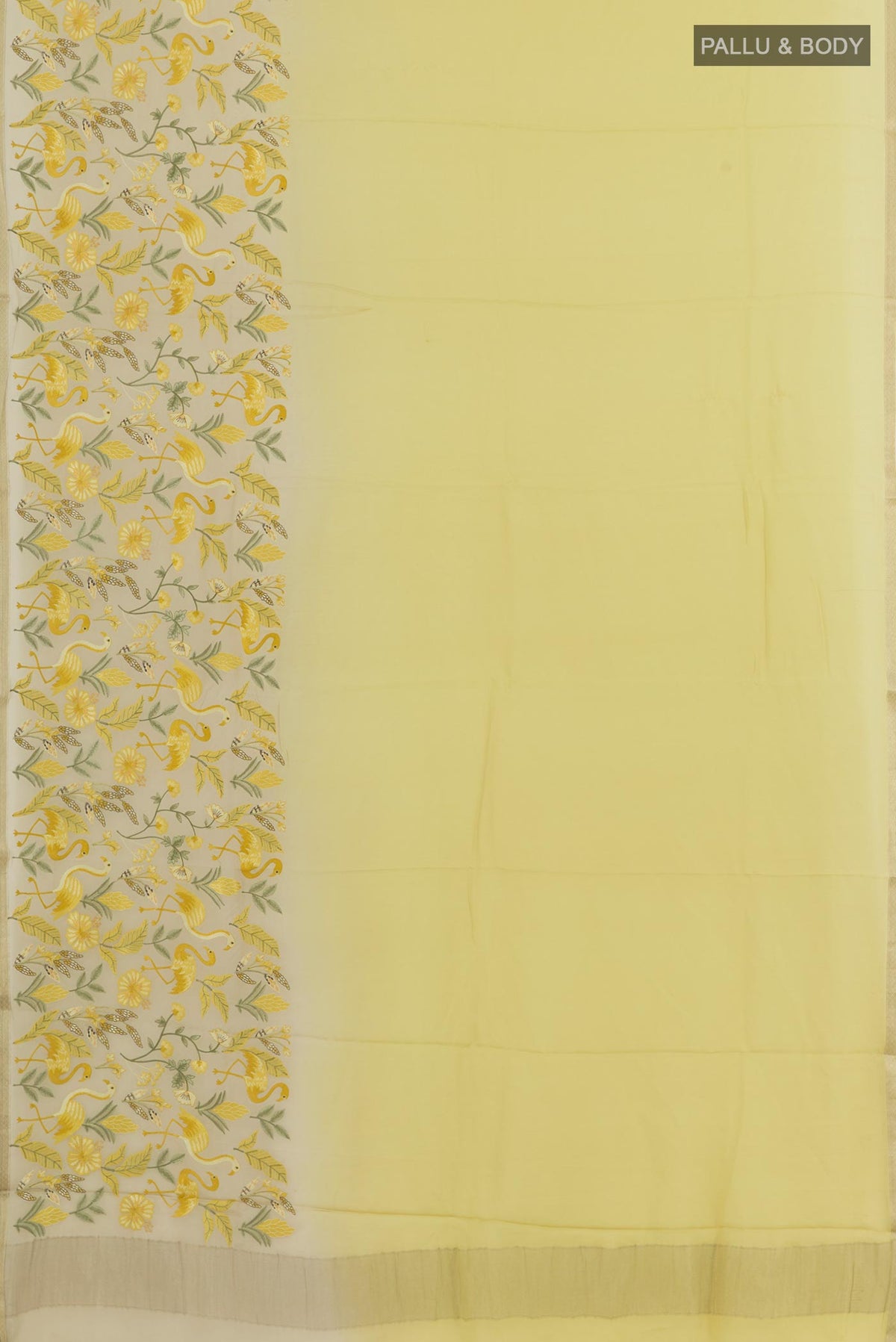 Flat view of Lemon Yellow Mysore Crepe Saree with Plain Body and Zari Border. 