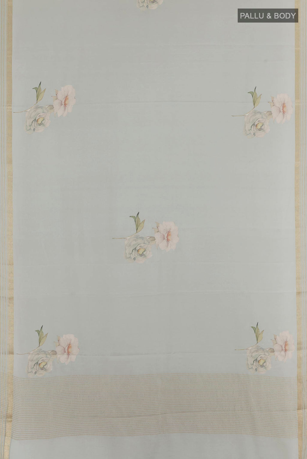 Flat view of Grey Mysore Crepe Saree with Floral Print on the body and Zari Border. 