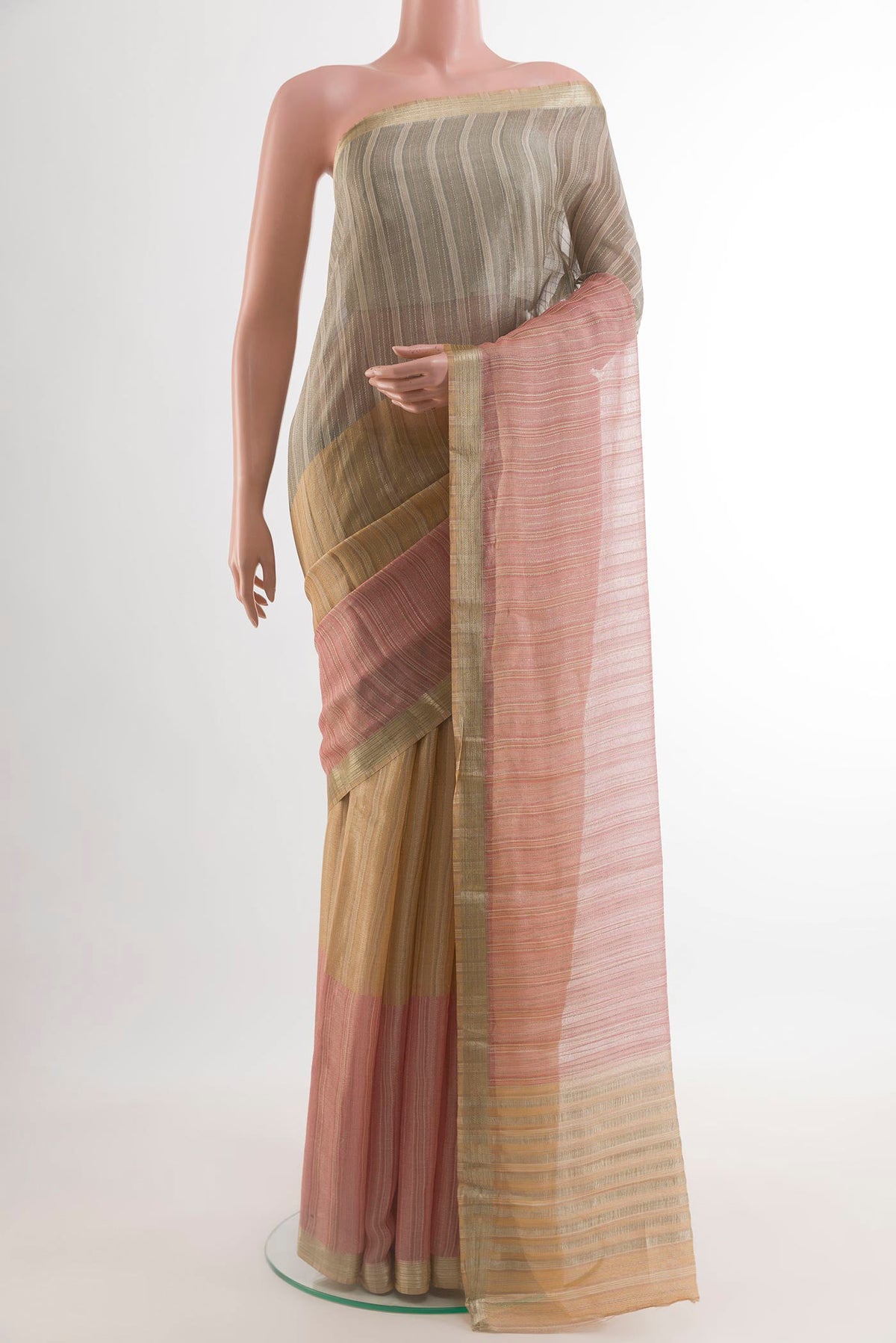 Multi Color Mysore Georgette Saree with Stripes on the body and Zari Border.  displayed on a mannequin