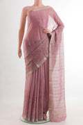Lavender Mysore Georgette Saree with Stripes on the body and Zari Border.  displayed on a mannequin