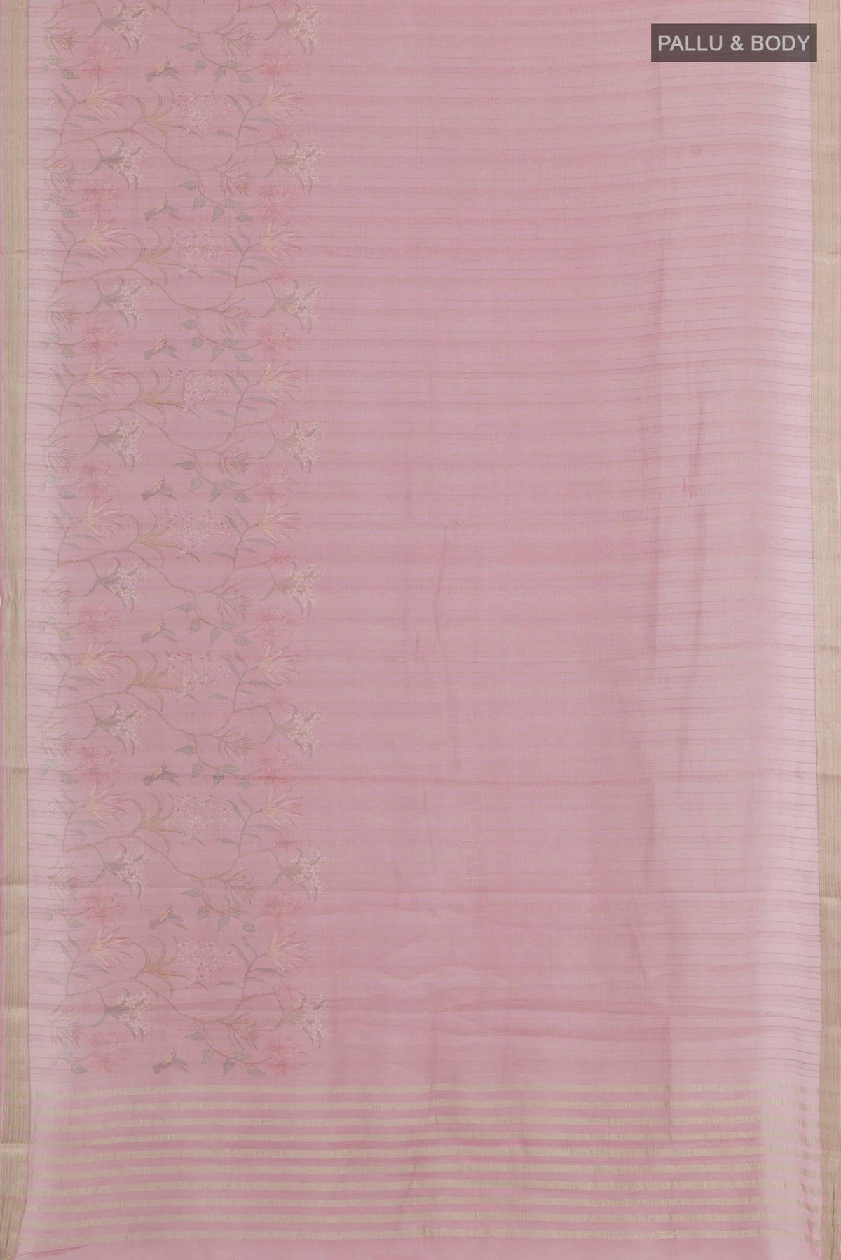Flat view of Lavender Mysore Georgette Saree with Stripes on the body and Zari Border. 