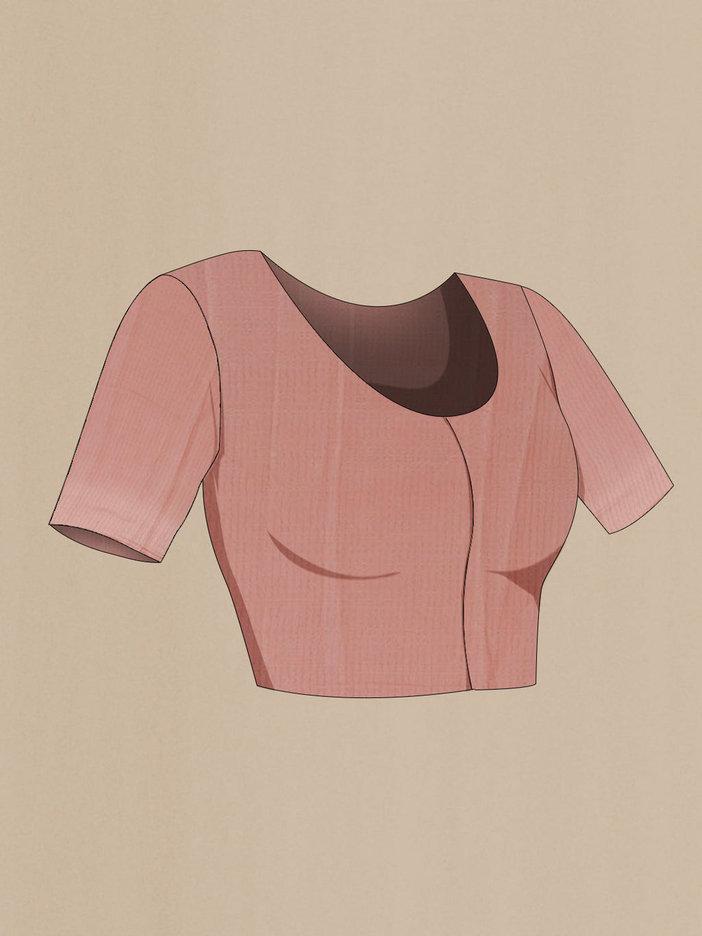 Close up image of the blouse of Rose Gold Mysore Georgette Saree with Stripes on the body and Zari Border. 