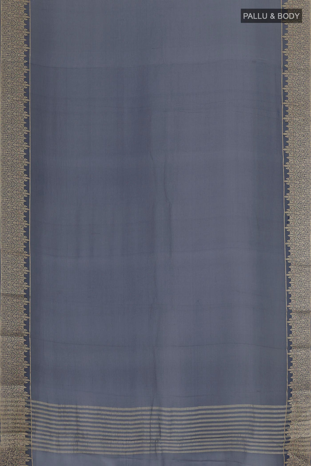 Flat view of Navy Blue Mysore Chiffon Saree with Plain Body and Zari Border. 