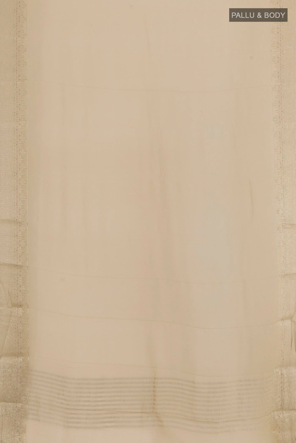 Flat view of Beige Mysore Chiffon Saree with Plain Body and Zari Border. 