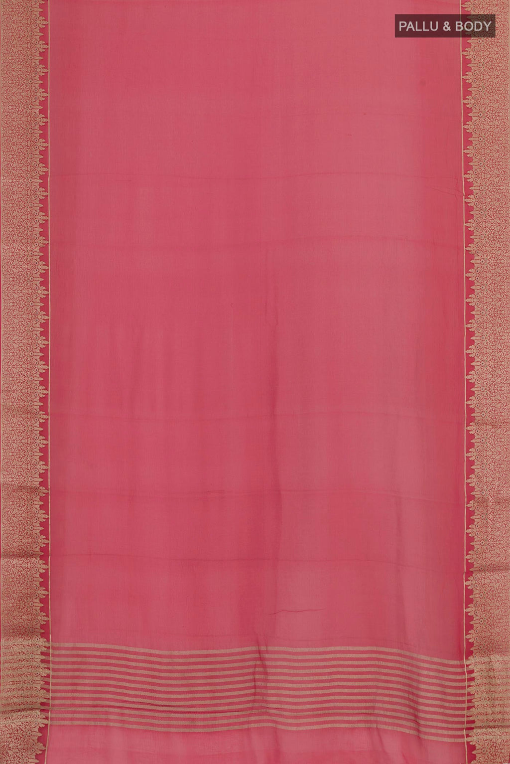 Flat view of Red Mysore Chiffon Saree with Plain Body and Zari Border. 