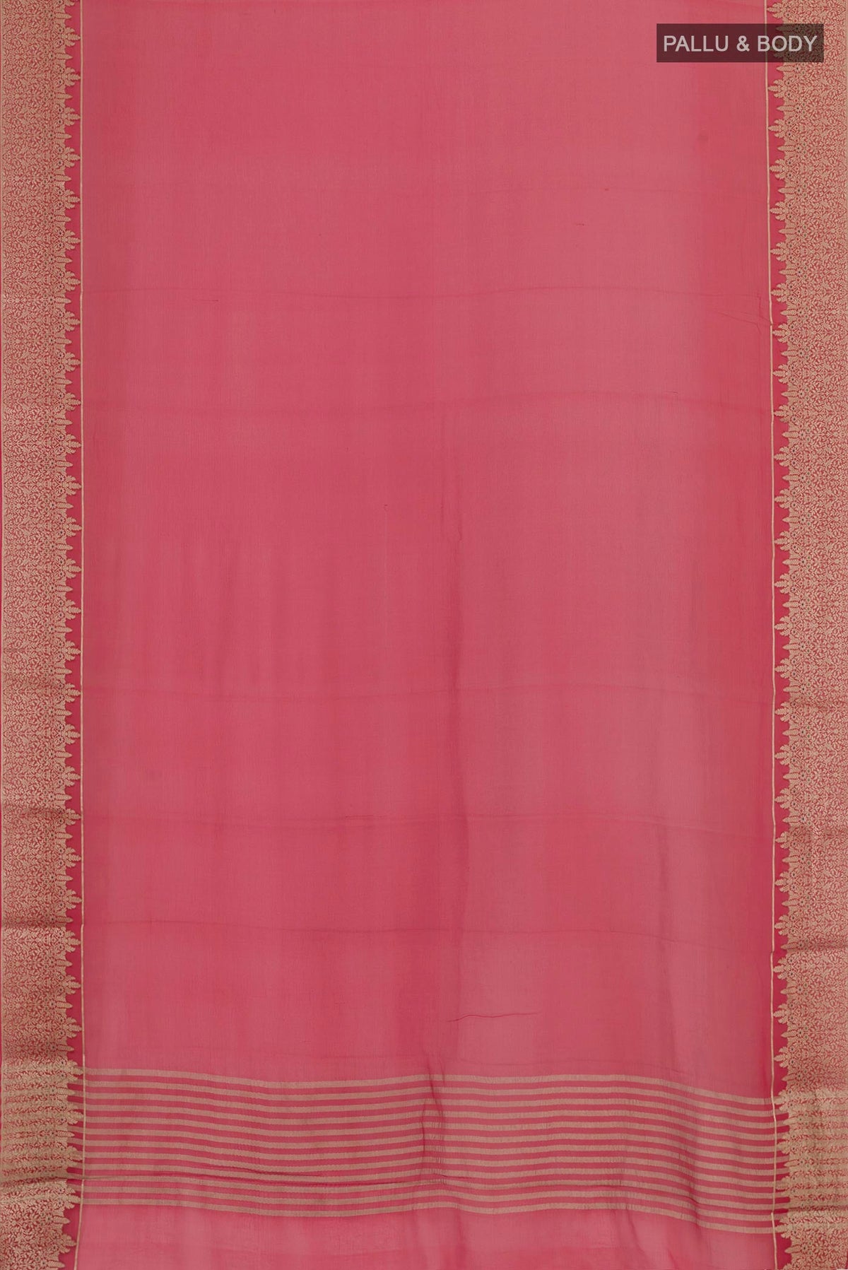 Flat view of Red Mysore Chiffon Saree with Plain Body and Zari Border. 