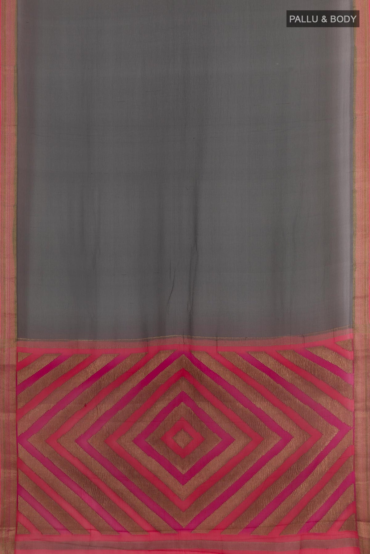 Flat view of Black Mysore Chiffon Saree with Plain Body and Zari Border. 