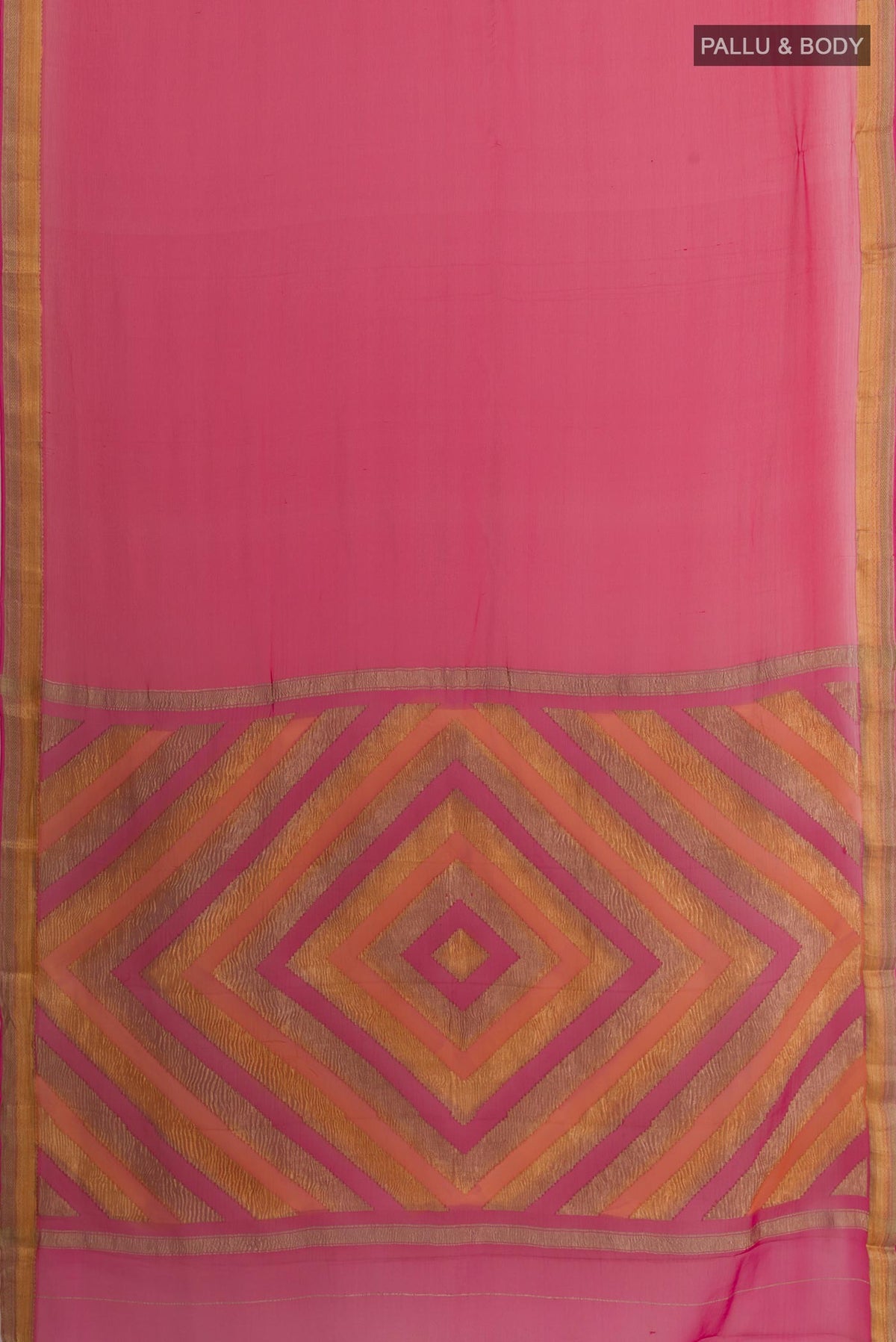Flat view of Pink Mysore Chiffon Saree with Plain Body and Zari Border. 